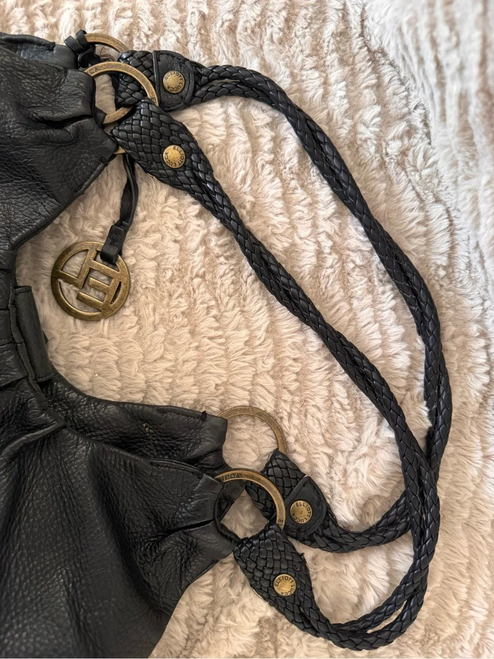 Elliott Lucca Black Leather Braided-Handle Hobo Bag